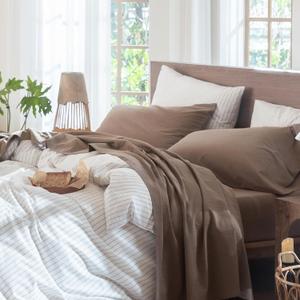 MooMee Bedding Sheet Set 100% Washed Cotton Linen Like Textured Breathable Durable Soft Comfy (Solid Brown, King)