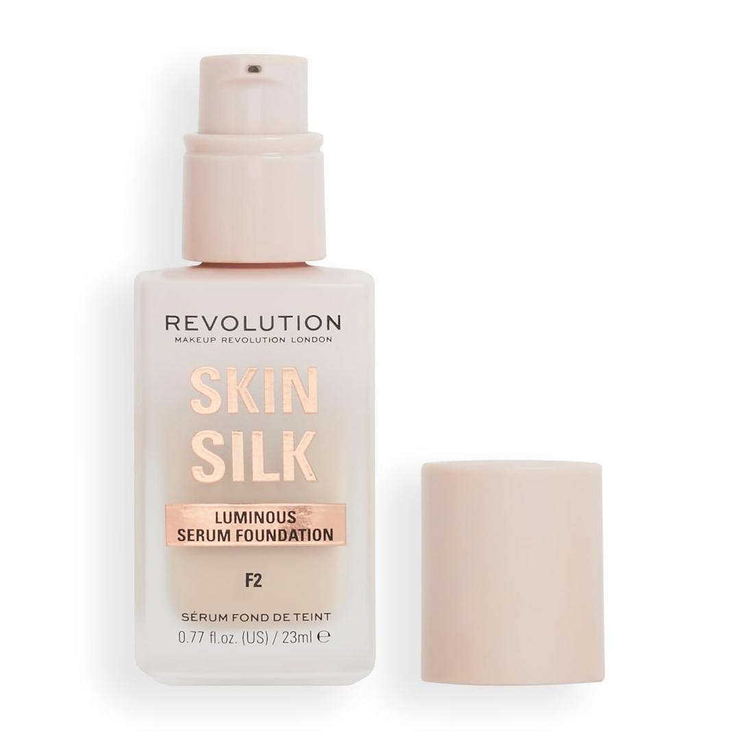 Revolution Skin Silk Radiant Satin Serum Foundation, Lightweight, Buildable Coverage with Hydrating Hyaluronic Acid for a Natural Finish, Vegan & Cruelty-Free, F2 Fair Skin Tones, 0.77 fl oz