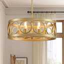 Gold Dining Room Light Fixture Drum Chandeliers, 6-Light Modern Light Fixtures for Living Room Kitchen Entryway Bedroom Foyer Hall, 22'' Metal Round Hanging Chandelier Farmhouse Pendant Light