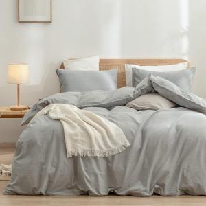 BESTOUCH Duvet Cover Set 100% Washed Cotton Linen Feel Super Soft Comfortable Chic Lightweight 3 PCs Home Bedding Set Solid Light Grey Queen (Queen (90" x 90"))