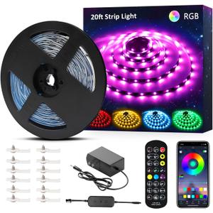 NOVOSTELLA 20ft RGB Smart LED Strip Lights Kit, Music Sync APP RGB Color Changing Flexible Dimmable 180 Units SMD 5050 LEDs Tape with 24 Key Remote, LED Ribbon for Home Lighting Kitchen Bar, 24V