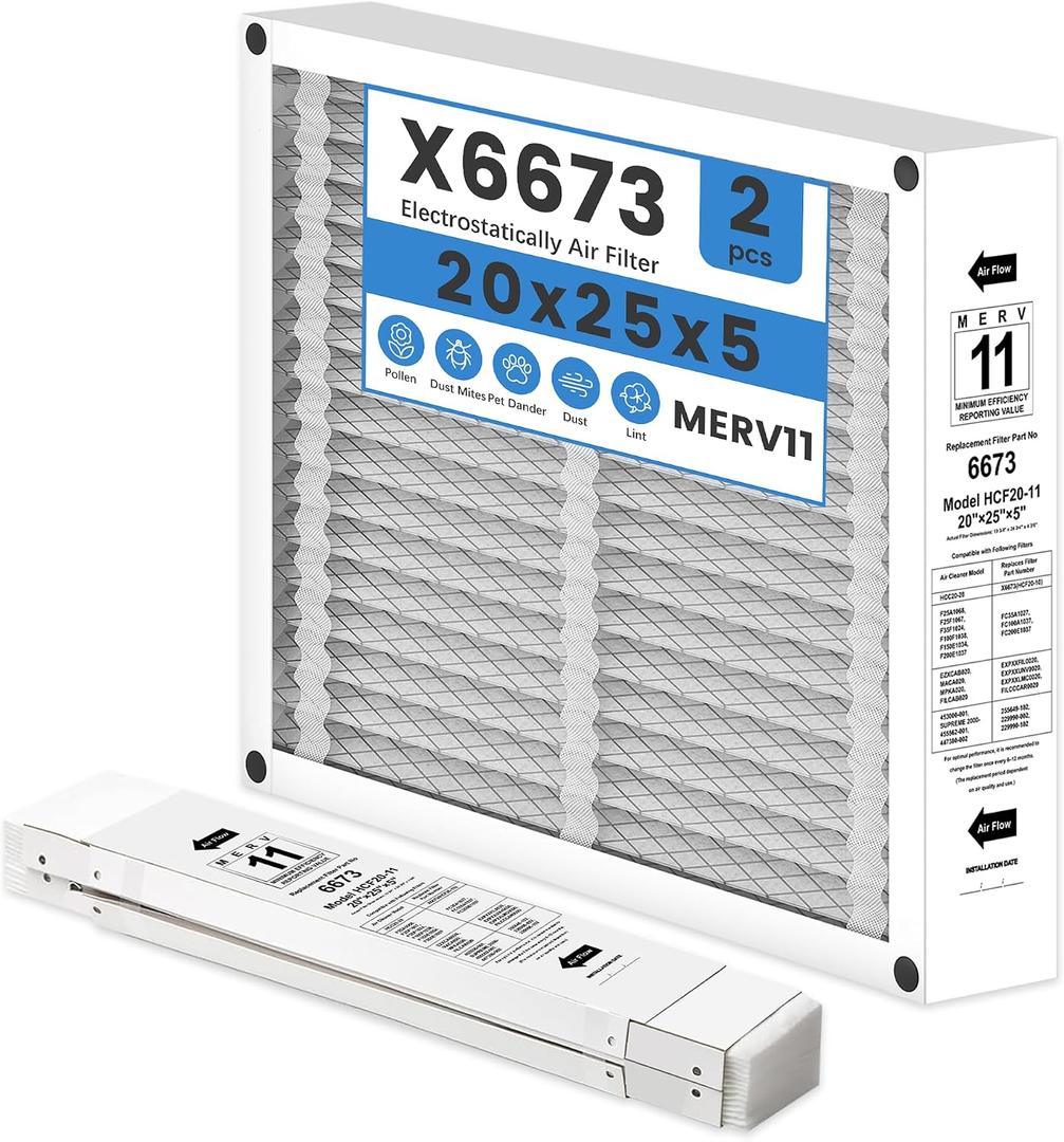 2 Pack X6673 20x25x5 Replacement Air Filter for Lennox X6673 HCF20-11, FC100A1037, Furnace HVAC System, MERV 11, Foldable Design(Actual Size: 19.75 x 24.75 x 4.38 Inches)