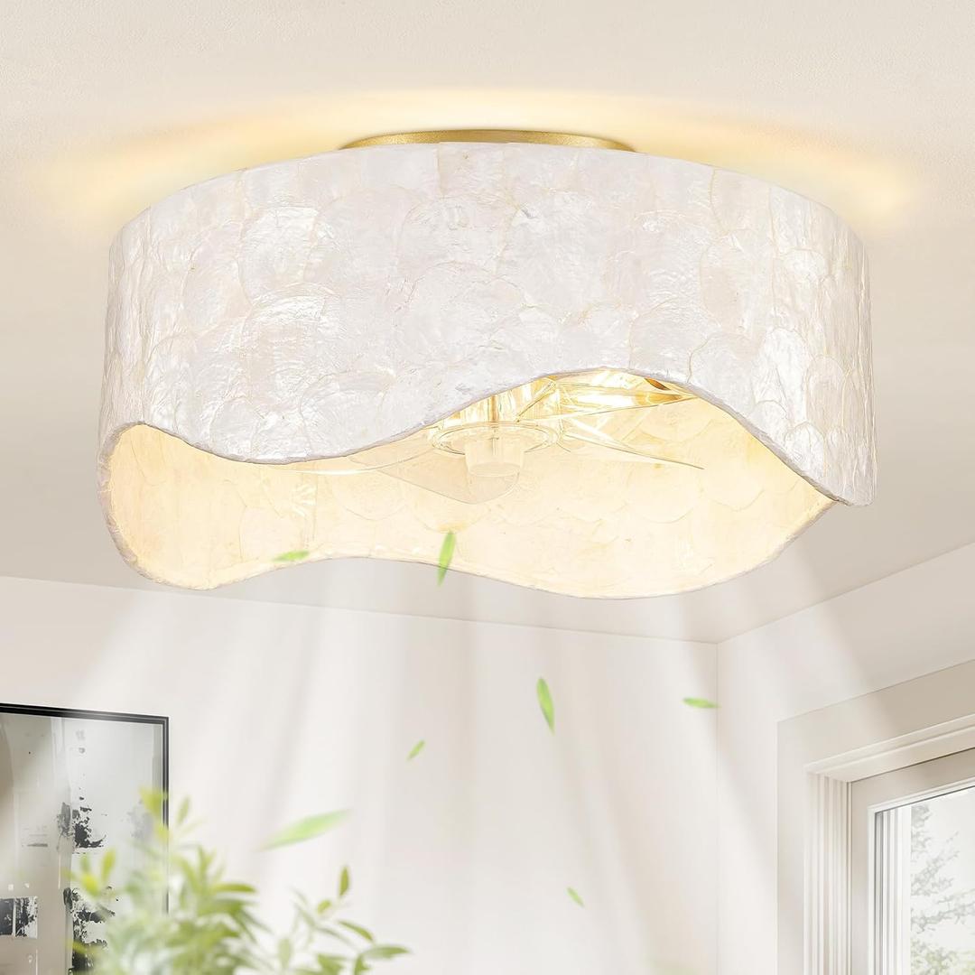 Coastal Boho Ceiling Fan with Light and Remote Shell Shade fandelier, Medium