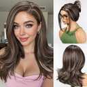 HAIRCUBE Long Wavy Wigs for Women with Partial Bangs, Heat Resistant Fibre Synthetic Lace Front Wig Brown with Highlights