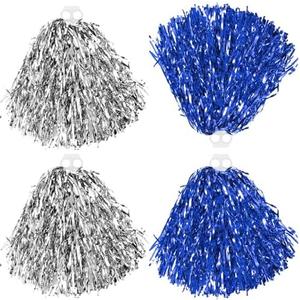 Thenshop Cheerleading Pom Poms 4 Pack Cheerleader Squad Spirited Fun Pompoms Cheer Hand Flowers Metallic Foil Pompoms for Adults Sports Meeting Team Spirit Cheering Party, Blue & Silver