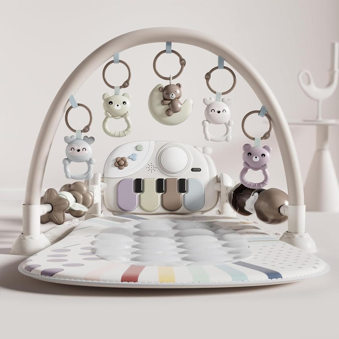 Jovow Baby Gym Play Mat with Detachable Musical Piano, Light Up Activity Center with 4 Rattles & Glowing Night Light, Educational Sensory Toys for Newborns 0-12 Months