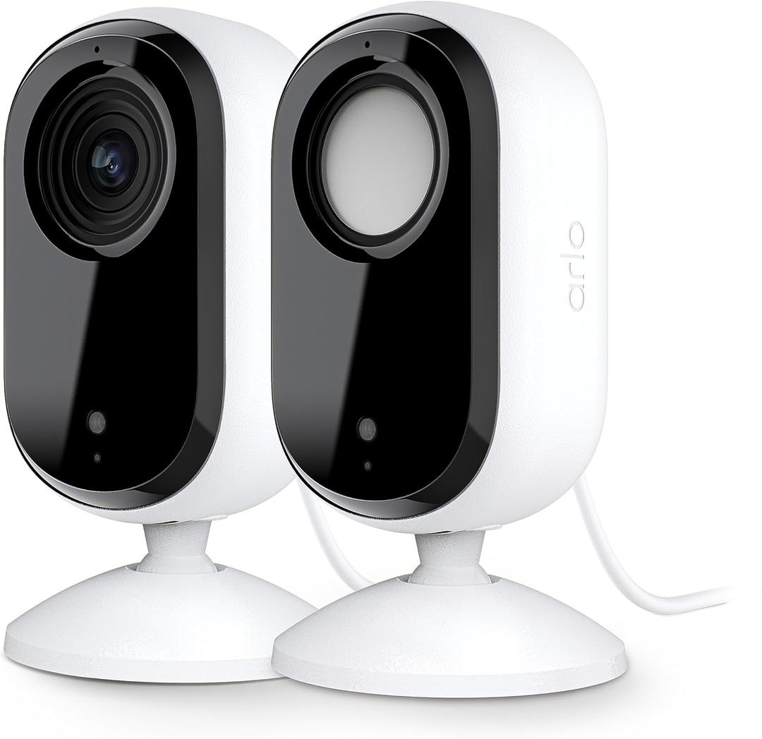 Arlo Essential Indoor Security Camera 2K (2nd Gen, 2023 Release) - Wired Plug-in Power, Person Recognition, Animal Detection, 1-Month Trial of Secure Plan, Automated Privacy Shield, 2 Cam, White