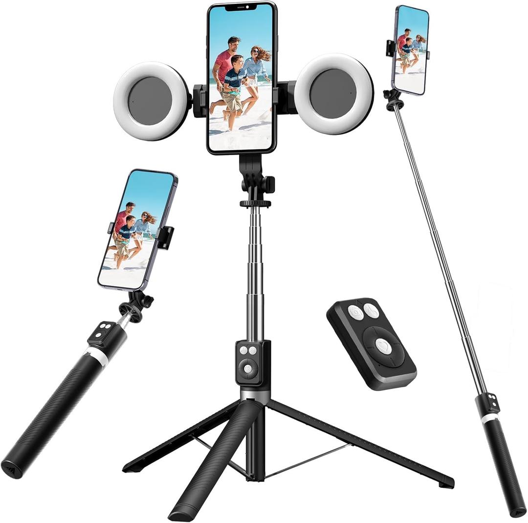 Selfie Stick Tripod with Fill Light, Phone Selfie Stick,Durable Stainless Steel Design,Bluetooth Remote Control,and Stable Three-Legged Support for Live Broadcasts,Video Shooting (Black)