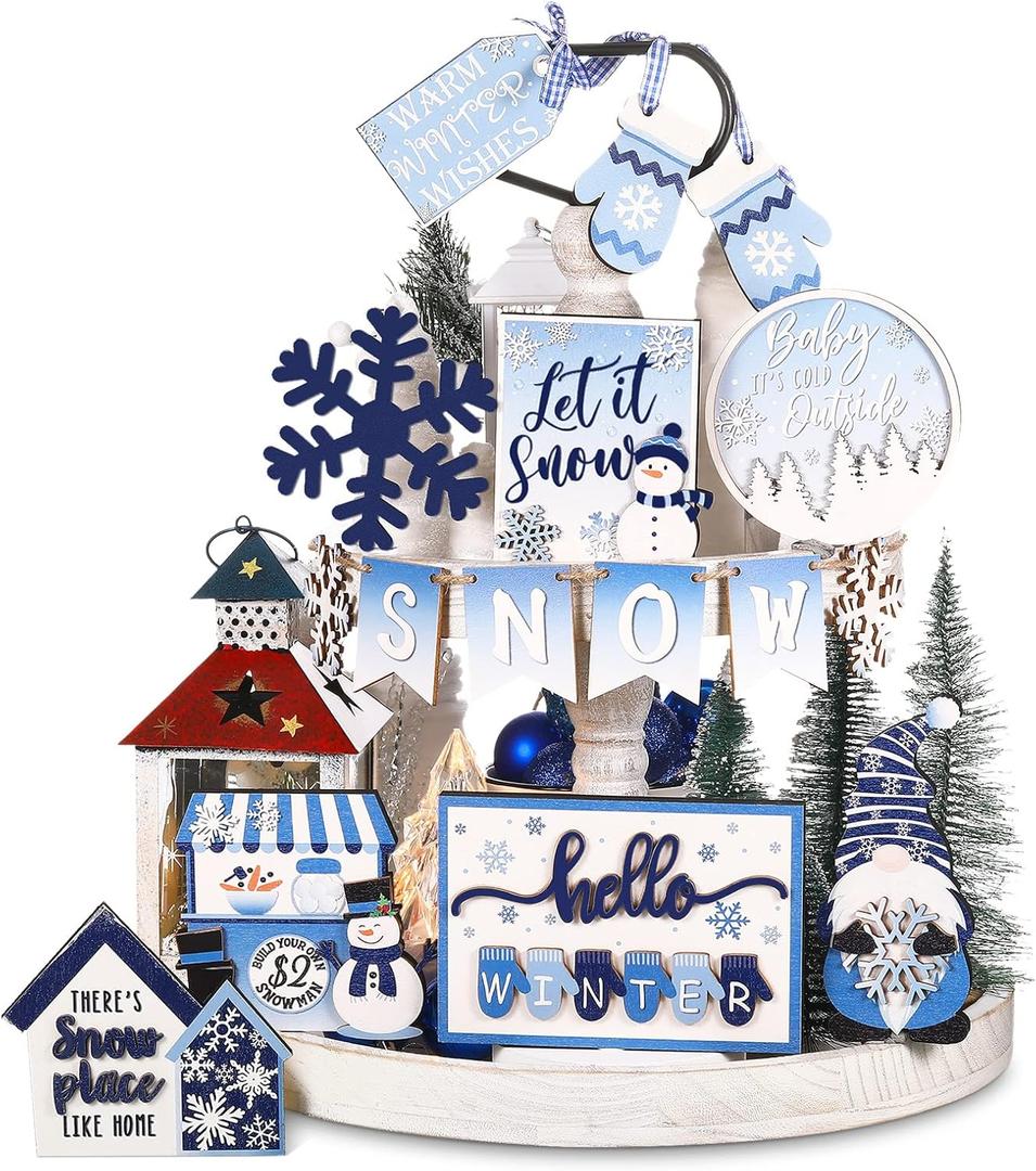 Kajaia 15 Pcs Winter Tiered Tray Decor Christmas Tiered Tray Decorations Set Snowman Snowflake Gingerbread Man Hot Cocoa Wooden Signs Farmhouse Winter Table Decorations(Snowflake)
