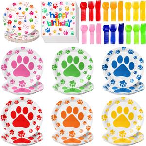 Gejoy 96pcs Dog Birthday Party Decorations Set Include Dog Print Plates Knives Forks Spoons Napkins Puppy Paw Tableware for Puppy Theme Party Supplies Kit(Bright Color)