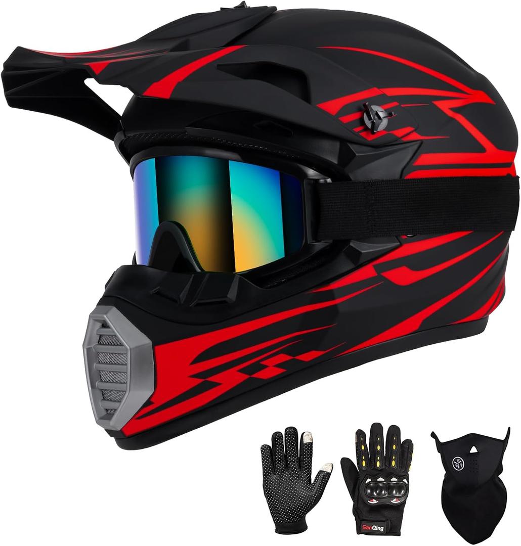 Youth Kids Motocross Helmet DOT Approved, Adult ATV Dirt Bike Off-Road Full Face Motorcycle Helmet with Goggles Gloves Mask for Boys Girls,Lightweight Breathable for Riding (Medium, Red)
