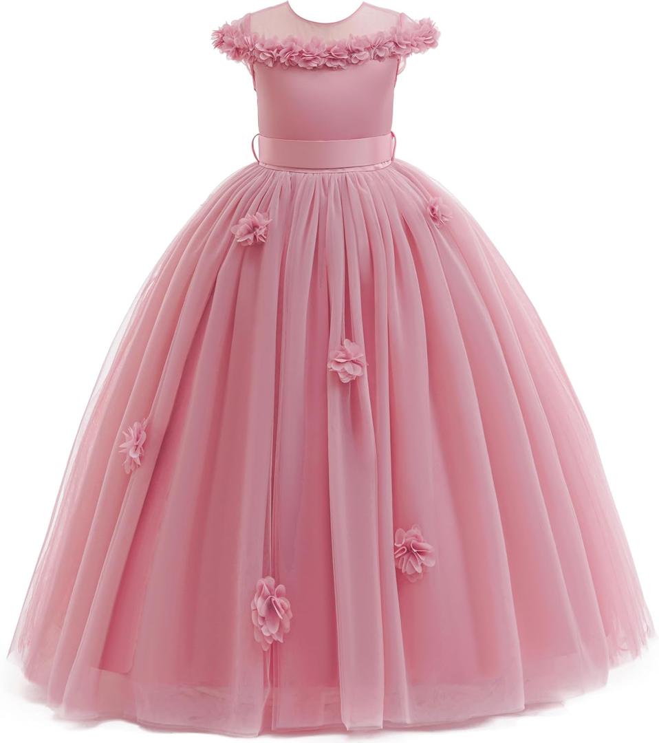 Flower Girls Formal Tulle Dress Princess Pageant Birthday Party Wedding Bridesmaid Ball Gown Long Dance Dresses (Pink), 7-8Yeasrs