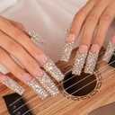 LOVFUL Press on Nails Angel's Tear Rhinestone | Handmade with Full Covered Crystals | Reusable Fake Nails | Square Mid length 1.7in | H48-L