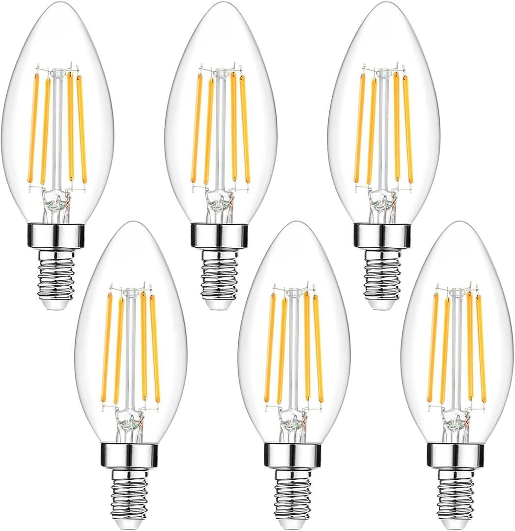 6-Pack Dimmable E12 LED Candelabra Bulbs 40Watt Equivalent, 2700K Warm White, 450Lumens, 4W B11 Vintage Chandelier Light Bulbs, LED Filament Clear Glass Candle Lamp for Ceiling Fan Home Decor