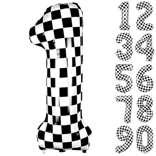 40 Inch Checkered Number 1 Balloon, Black and White Racing Number 1 Balloon, Big Large Foil Helium Number Balloons for Birthday Party Supplies