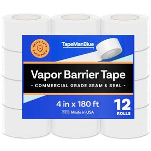 Vapor Barrier Tape - 4 inch x 180' Roll, Made in USA, White Polyethylene Tape for Crawl Spaces & Moisture Barriers, Waterproof Seal & Seam Tape for Underlayment, Insulation, and Plastic Liners (12)