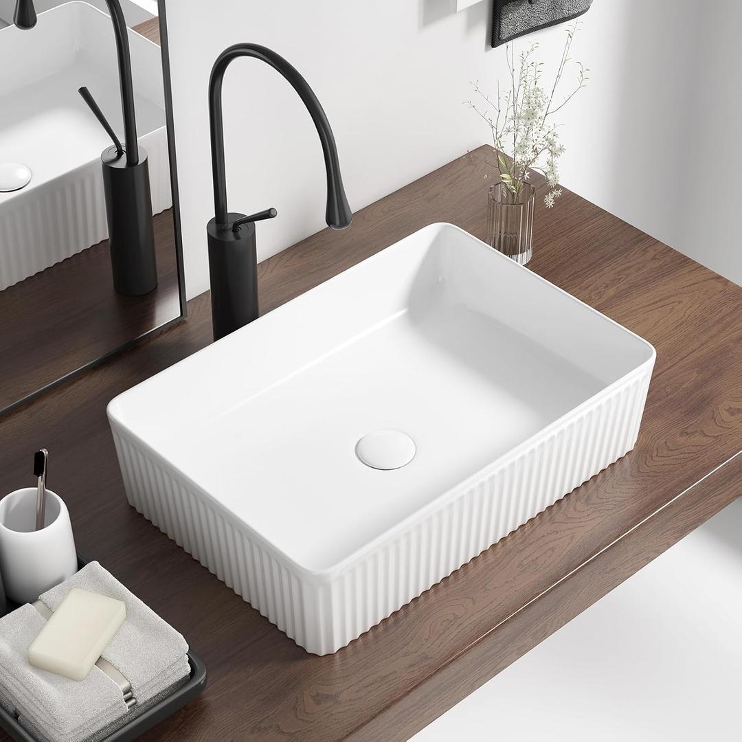 Rectangular Vessel Sink 20 Inch Above Counter - White Ceramic Rectangle Countertop Bathroom Sink, 20" x 13.5" Modern Vanity Art Basin Porcelain Hand Was