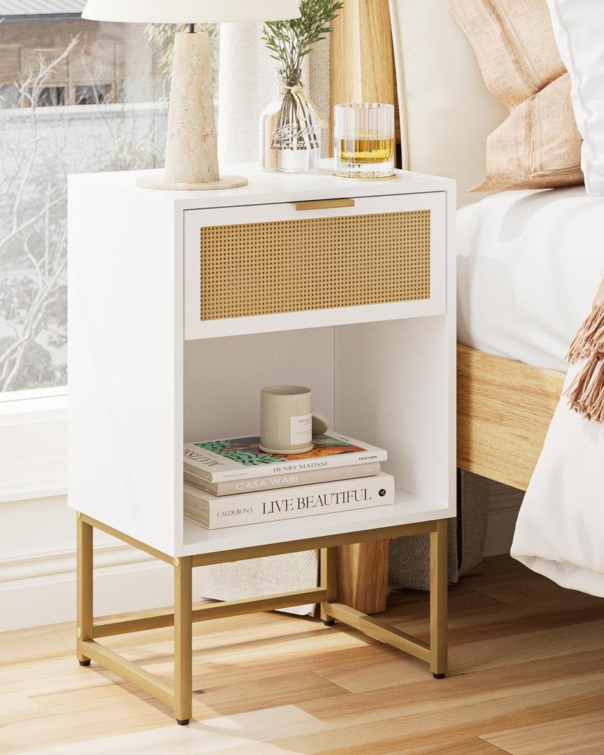 Masupu Rattan Nightstand,Modern Night Stand Boho Farmhouse Wood Bedside Table with Storage Drawer Side End Table for Bedroom,Living Room,Office,White