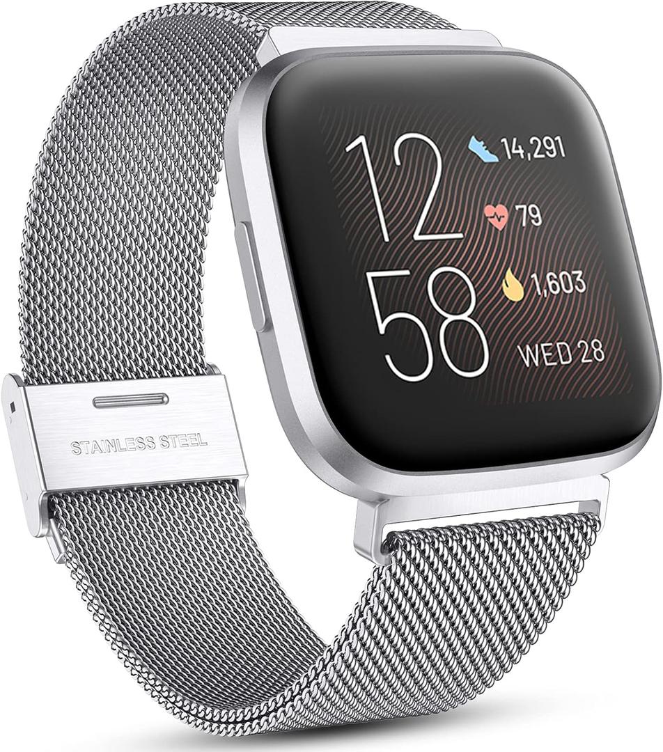 Maledan Metal Bands Compatible with Fitbit Versa/Versa Lite SE/Versa 2 Band for Women Men, Adjustable Stainless Steel Replacement Wristbands for Fitbit Versa Smart Watch, Silver