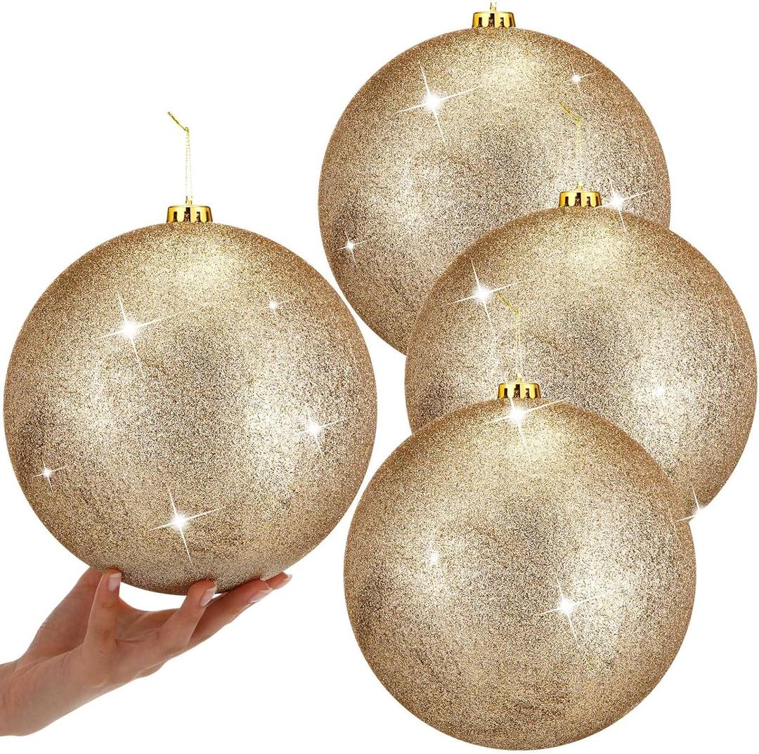 Zubebe 4 Pcs Extra Large Christmas Ball Ornaments Glitter 8'' (200 Mm) Giant Oversized Plastic Xmas Ball Big Hanging Christmas Tree Ornaments for Holiday Party Outdoor Decor(Glitter Champagne Gold)