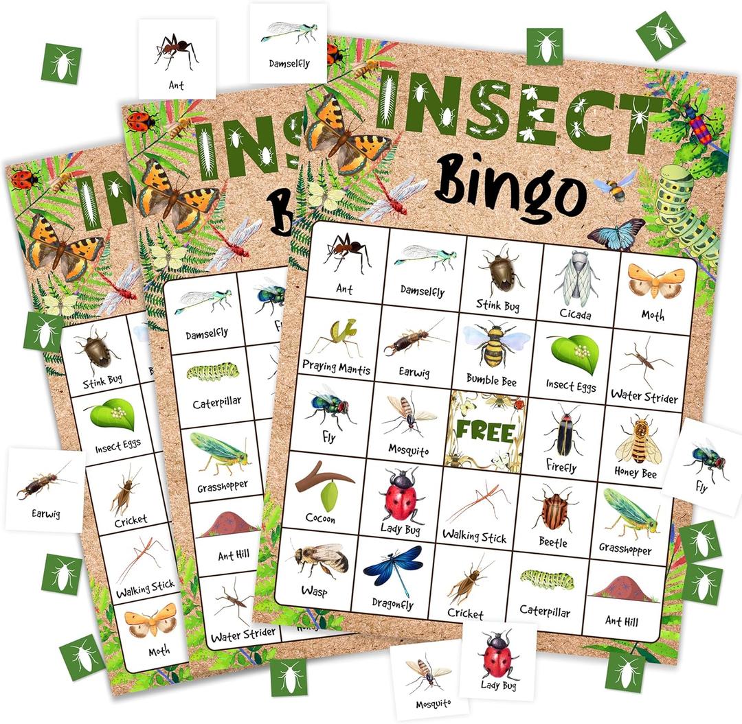 Insect Bingo Game Cards for Adults, Bug Bingo Cards Game for Family Holidays Friends Gatherings, Ideal for Bug Themed Party Game, 24 Players Birthday Party Supplies Favors, 004