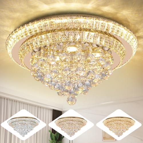 Miuyhji Large LED Crystal Raindrop Ceiling Light,Rose Gold, 24" Elegant Semi Flush Mount Chandelier Light Fixture with Remote Control for Living Room Kitchen Bedroom Hallway Entryway Foyer(Dimmable)