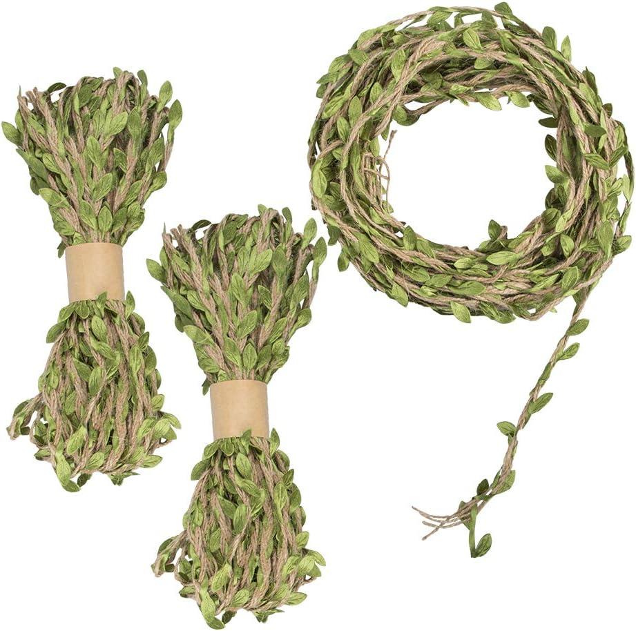 YuCool 98 Feet 5MM Burlap Leaf Ribbon, Natural Wall Hanging Jute Vine Twine with Artificial Green Leaves for Rustic Wedding,Home,Garden,Jungle Party Decorations and DIY Crafts Decor(3 Rolls)