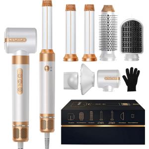 7 in ONE Hair Dryer Brush, Powerful Blow Dryer Brush with Air Curler for Hair, Brush Blow Dryer with Diffuser, Ionic Hot Air Brush Fast Dry, Volumize, Curls, Straight, Hair Styling Tools 100-120V