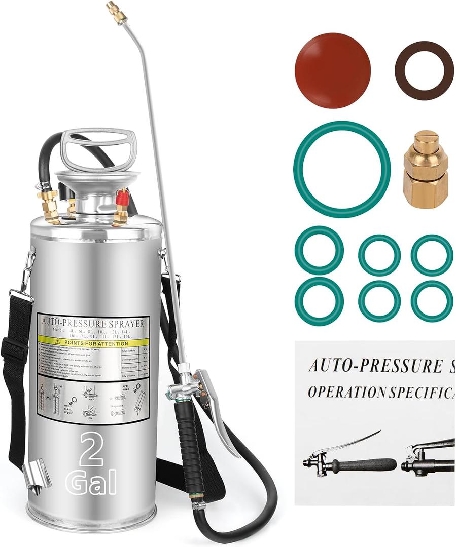 2 Gallon Stainless Steel Pump Sprayer - Hand Pump Sprayer with Pressure Gauge, Safety Valve&Adjustable Nozzle and Flat Nozzle, Garden Weed Sprayer with 20 Wand & 3FT Hose, Non-Corrosive Viton Seals