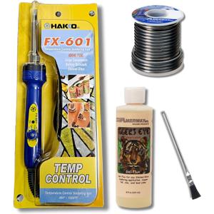 Soldering Iron Kit for Stained Glass Includes Hakko FX-601-02 (67W) Adjustable Temperature Soldering Iron, Amerway 60/40 1LB Solder, Tigers Eye Gel Flux 8oz & Flux Brush Hobby & DIY Kit