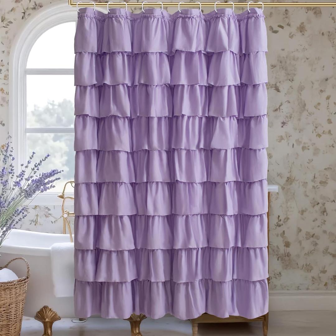 Purple Shower Curtain Featuring Ruffle Design, Lavender Bath Curtains for Boho & Victorian Style, Chic Fancy Fabric, Classy Extra Long Drapery for Elegant Bathroom Upgrade, 72 x 72 inch