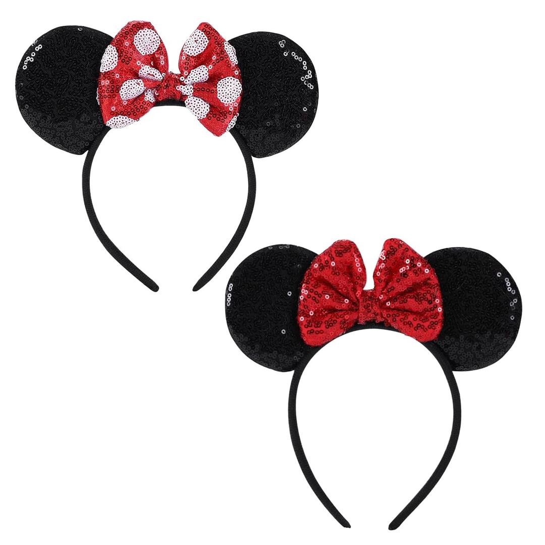 2 Pcs Red Mouse Ears Sequin Headbands,Shiny Bows Headbands, A Perfect Addition to Your Trip Essentials Accessories for Women Grils Princess Decoration Costume Cosplay