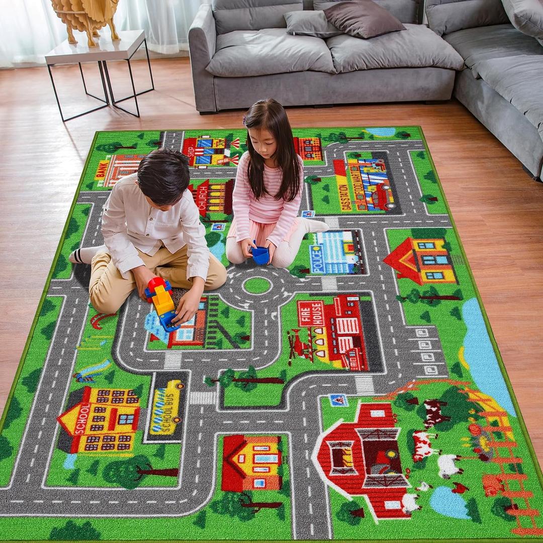 Kids Carpet Playmat Rug 59"x39.4", Car Rug for Kids Cars, Non-Slip Town City Road Map Kids Rugs for Playroom Bedroom Boys, Kids Cars Play Mat Track Road Rugs for Kid(59X39.4Inch,Green)