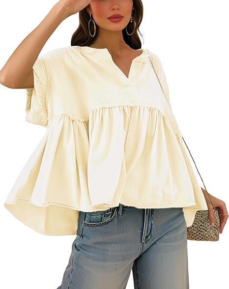 Women's Tops Short Sleeve V Neck Flowy Cute Summer Tops Oversized Tshirts Trendy Clothes (Large, White)