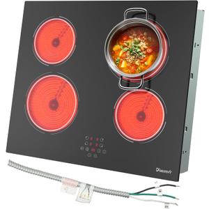 24 Inch Electric Cooktop - 4 Burner Glass Electric Stove Top 6000W, 24 Inches Built-in Ceramic Stovetop with Timer, Safety Lock, Pause, Touch Control, 220V - 240V Hard Wire(No Plug)