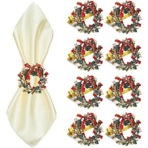 ZeeDix Christmas Wreath Napkin Rings Set of 8, Rhinestone Holiday Christmas Napkin Ring Holders for Cloth Napkins, Xmas Napkin Rings for Thanksgiving Holiday Dinner Parties