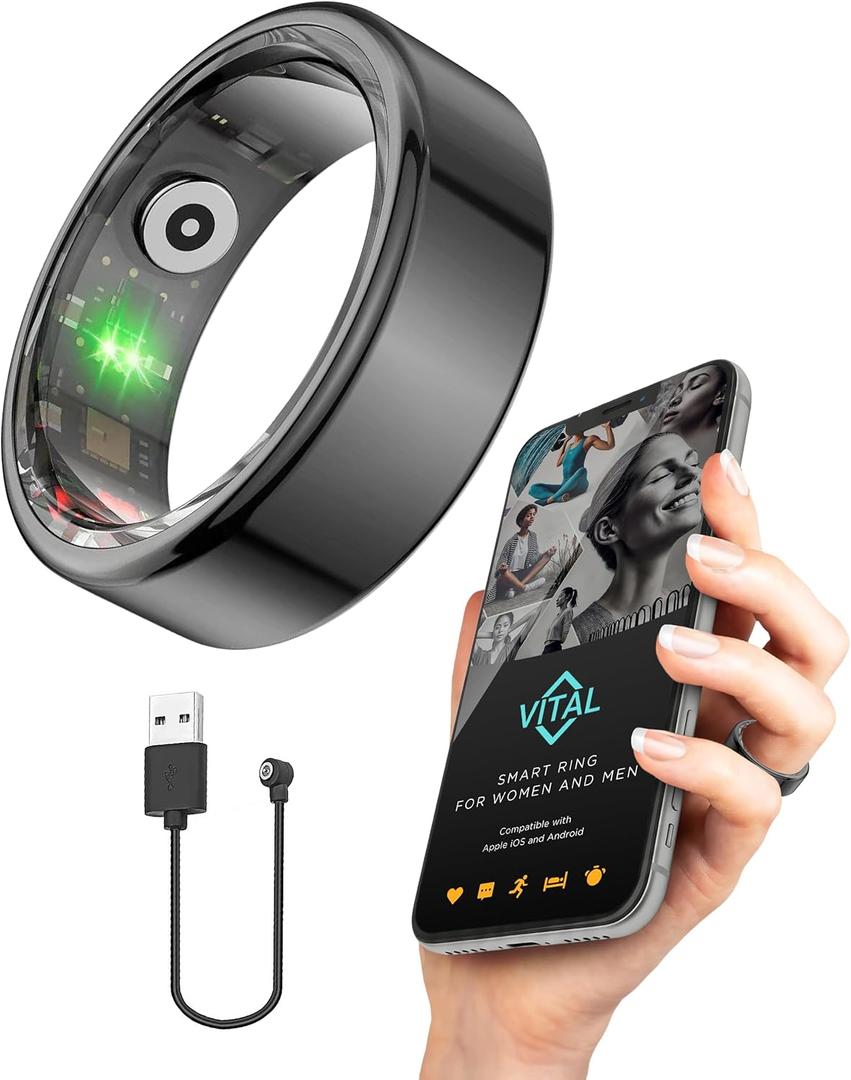 Vital Health Smart Ring for Women Rings for Men with Fitness, Sleep Monitor, Heart Rate, Activity Tracking, App (Size 7), Black