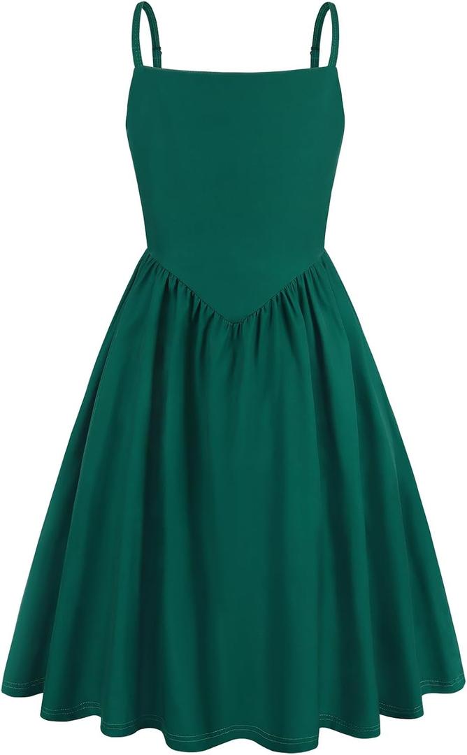 Eledobby Summer Dresses for Girls Floral Dress Spaghetti Strap A-line Sundress Casual Sleeveless Beach Party Dress (Green, M)