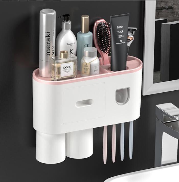 Toothbrush Holder for Bathroom 2 Cup Wall Mounted with Automatic Toothpaste Dispenser Large Capacity Tray, Cosmetic Drawer Bathroom Decor & Bathroom Accessories and Organization (2 Cup Pink)