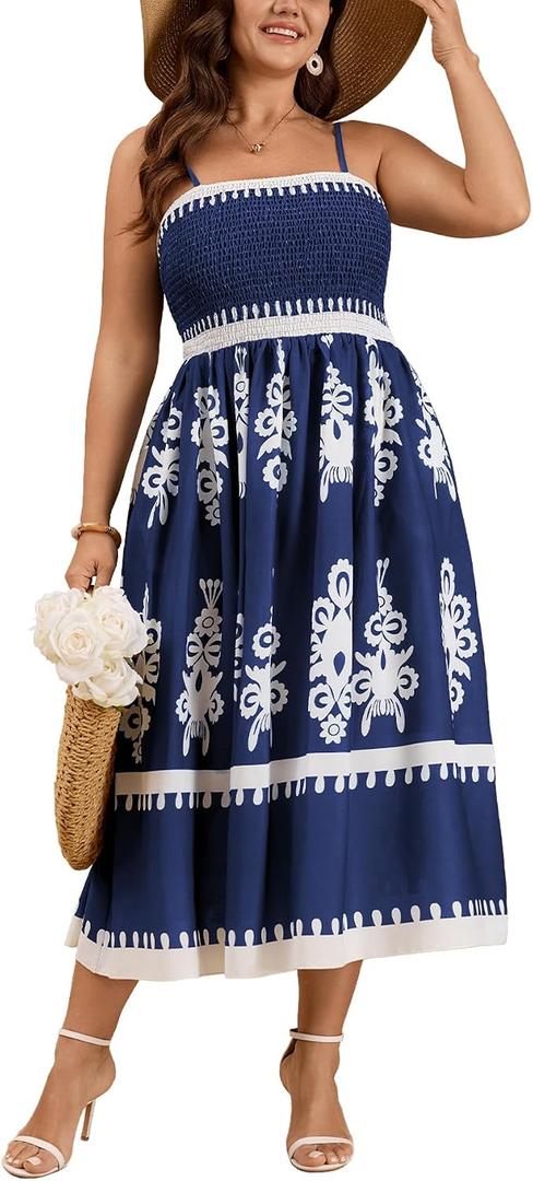 CICIDUDU Plus Size Spaghetti Strap Summer Boho Floral Dress Beach Sleeveless Sundress Smocked Maxi Dress with Pockets 2026 (Blue, XL)