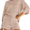 PRETTYGARDEN Women's Summer 2 Piece Cover-up Knit Swimsuit Short Sleeve Tops Shorts Sets Bathing Suit Beach Outfits Size M Color Beige