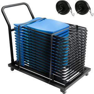 Black Folding Chair Dolly - 1500LB Capacity Heavy-Duty Folding Chair Rack on Wheels with Storage Straps & Locking Casters, Commercial Rolling Cart Holder