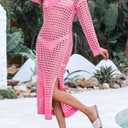 Saodimallsu Womens Crochet Swimsuit Cover Up V Neck Collared Long Sleeve Mesh Knit Long Beach Coverup Maxi Dress (Pink)