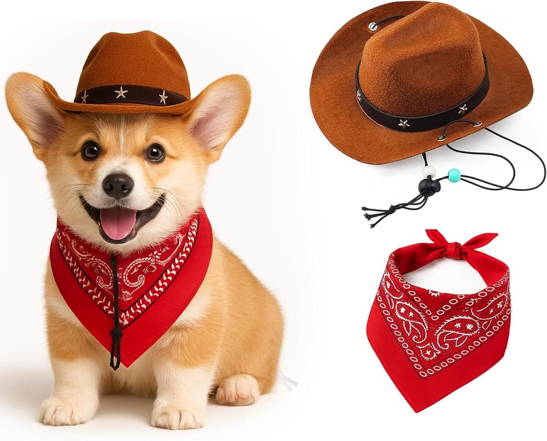 Dog Cowboy Costume  Pet Halloween Outfit with Hat & Bandana Scarf for Small Dogs & Cats, Western Style Party Dress-Up for Halloween, Christmas, Birthday
