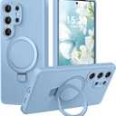 Liquid Silicone Case for Samsung Galaxy S25 Ultra with Magnetic Stand, Mil-Grade Drop Shockproof, Full Camera Protection Anti-Scratch Microfiber Lining Silicone Phone case, Light Blue