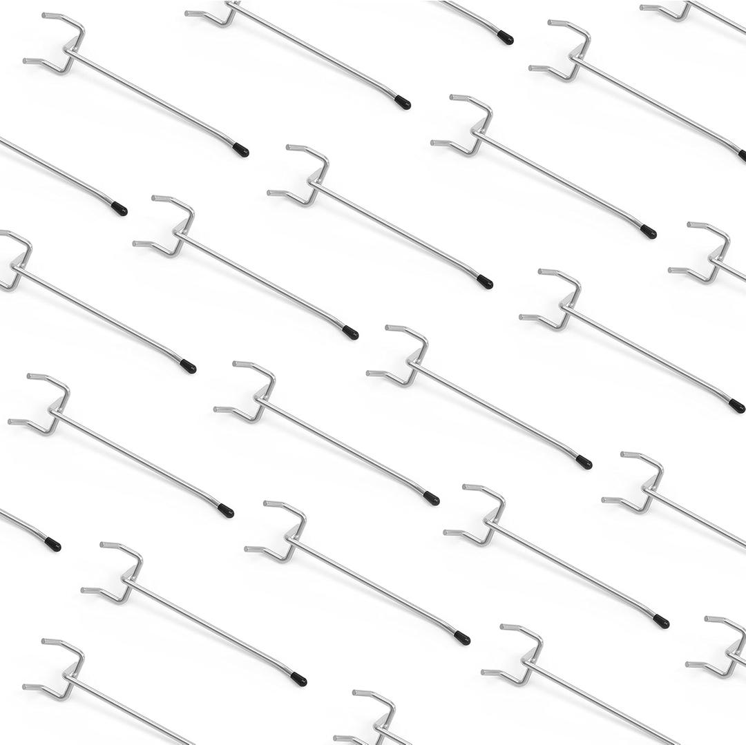 HUHOLE Pegboard Hooks 4 Inch 50PC, Ideal Garage Organization, Wall Storage Tool Organizer, Fit 1/4" 1/8" Peg Board with Plastic Tip (Silver, 4 Inch)
