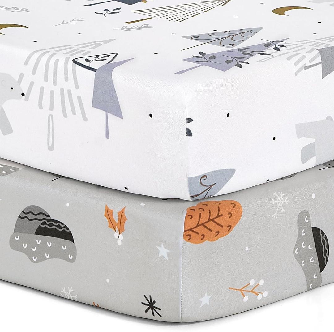 Pack n Play Sheets, BROLEX 2 Pack Mini Crib Sheets, Stretchy Portable Fitted Playard Sheet Set, Convertible Playard Mattress Cover, Ultra Soft Breathable Material, Snowy Forest