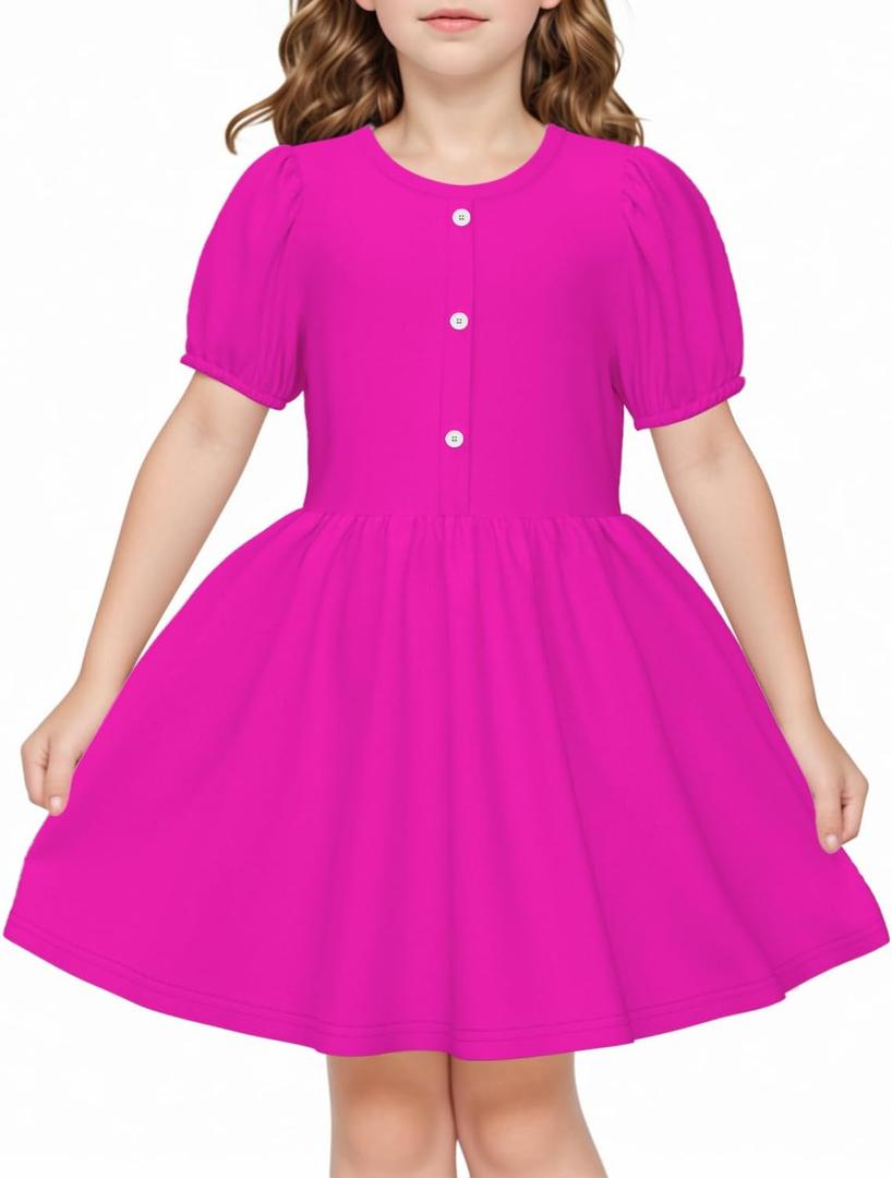 LQSZ Girls Summer Dress Puff Sleeve High Waist A Line Solid Color Dress for Party School Easter Outfit 3-12Y (7-8 Years, Rose Red-1)