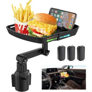 DOUBFIVSY Larger Cup Holder Tray for Car, 10 inch Car Food Tray with Phone Holder Detachable 3 in 1 Car Cup Holder 360 Rotating Food Table Tray Expander for Eating