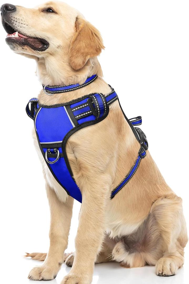 WINSEE Dog Harness No Pull, Pet Harnesses with Dog Collar, Adjustable Reflective Oxford Outdoor Vest, Front/Back Leash Clips for Small, Medium, Large, Extra Large Dogs, Easy Control Handle for Walking (Blue) L